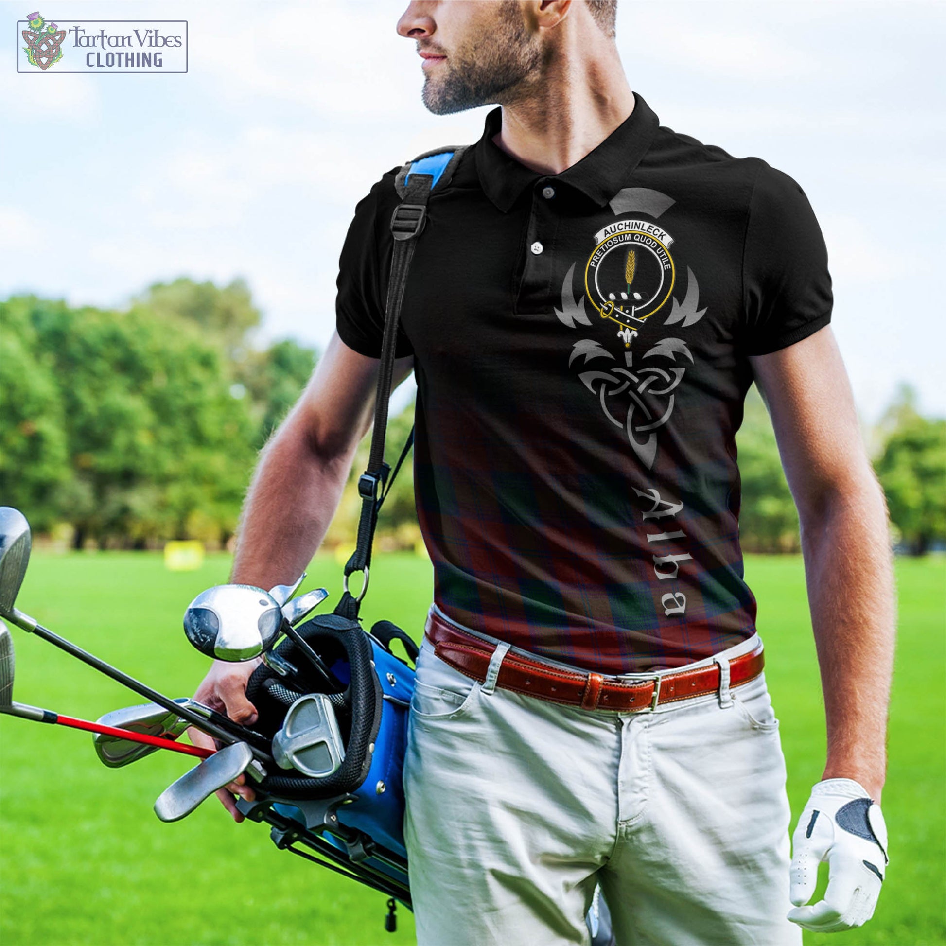 Tartan Vibes Clothing Auchinleck Tartan Polo Shirt Featuring Alba Gu Brath Family Crest Celtic Inspired