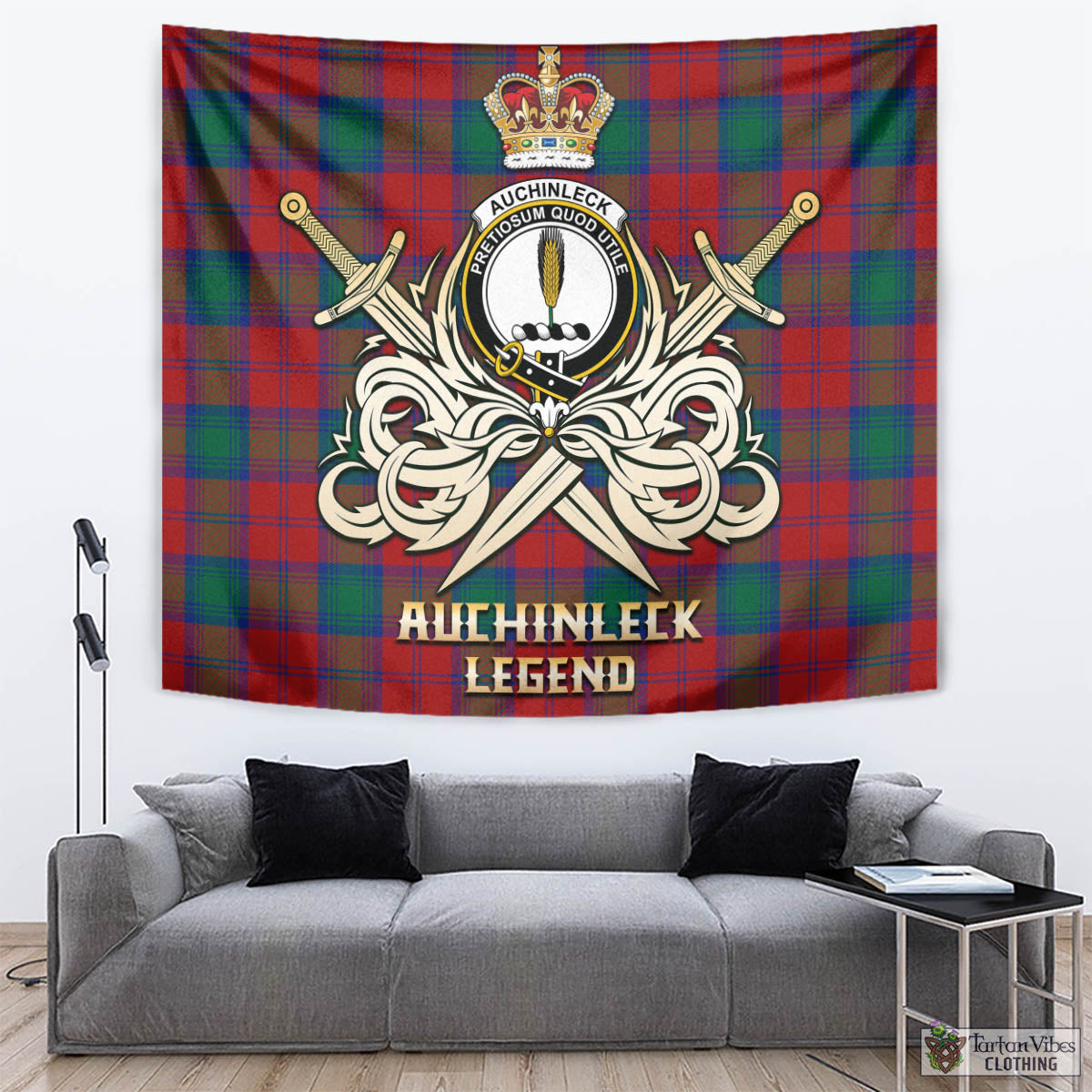 Tartan Vibes Clothing Auchinleck Tartan Tapestry with Clan Crest and the Golden Sword of Courageous Legacy