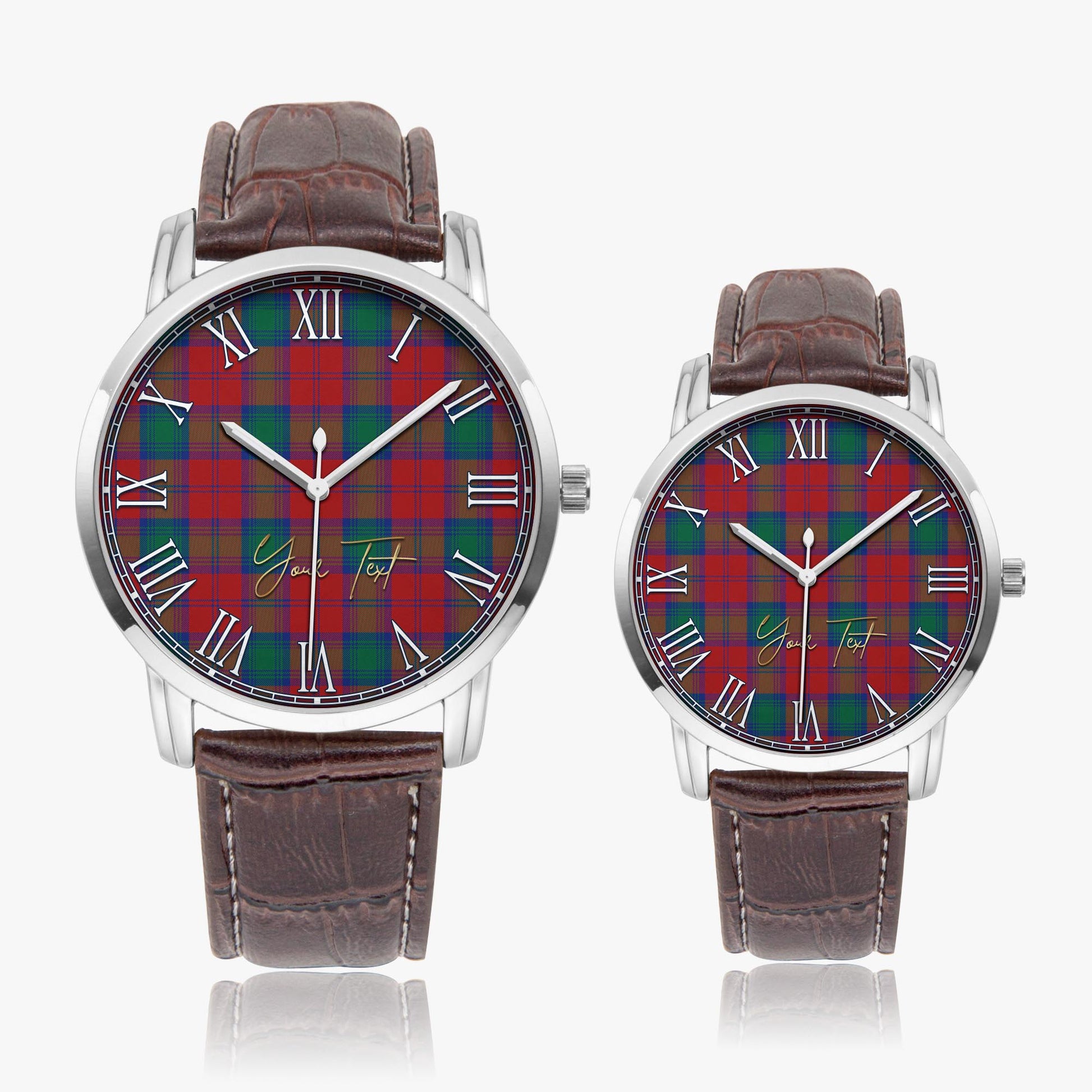 Auchinleck Tartan Personalized Your Text Leather Trap Quartz Watch Wide Type Silver Case With Brown Leather Strap - Tartanvibesclothing