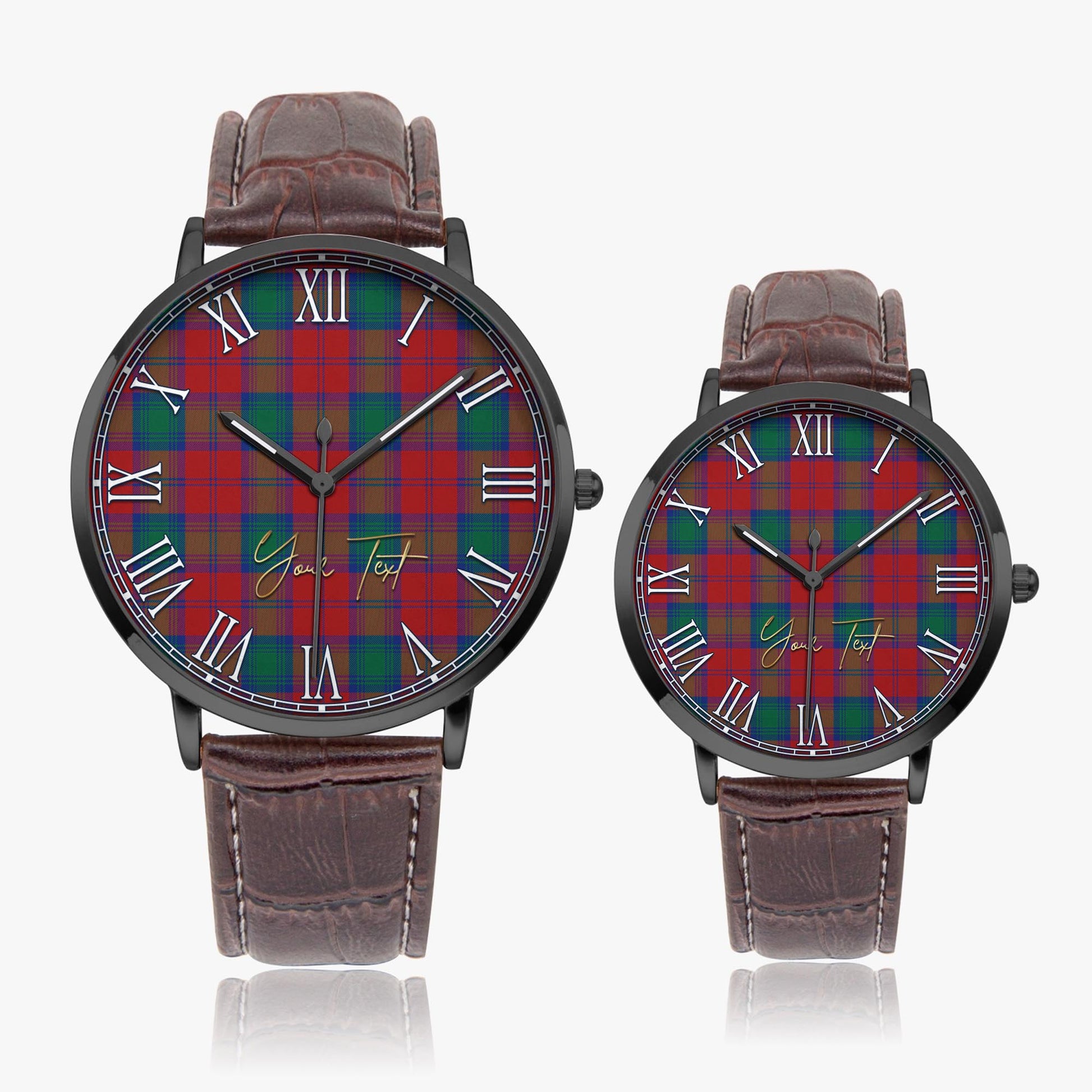 Auchinleck Tartan Personalized Your Text Leather Trap Quartz Watch Ultra Thin Black Case With Brown Leather Strap - Tartanvibesclothing