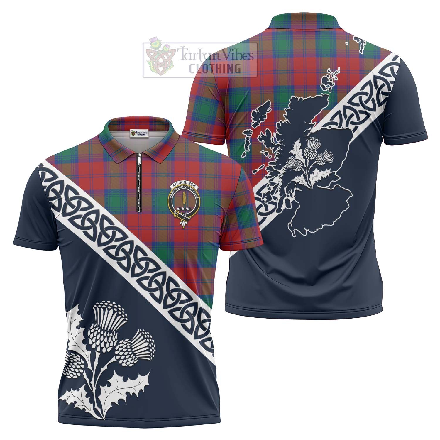 Tartan Vibes Clothing Auchinleck (Affleck) Tartan Zipper Polo Shirt Featuring Thistle and Scotland Map