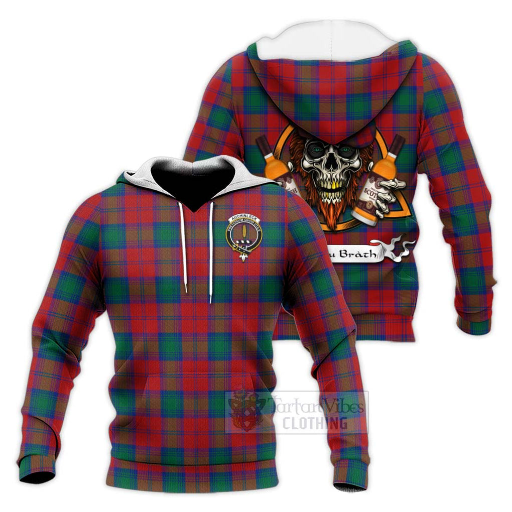 Tartan Vibes Clothing Auchinleck (Affleck) Tartan Knitted Hoodie with Family Crest and Bearded Skull Holding Bottles of Whiskey