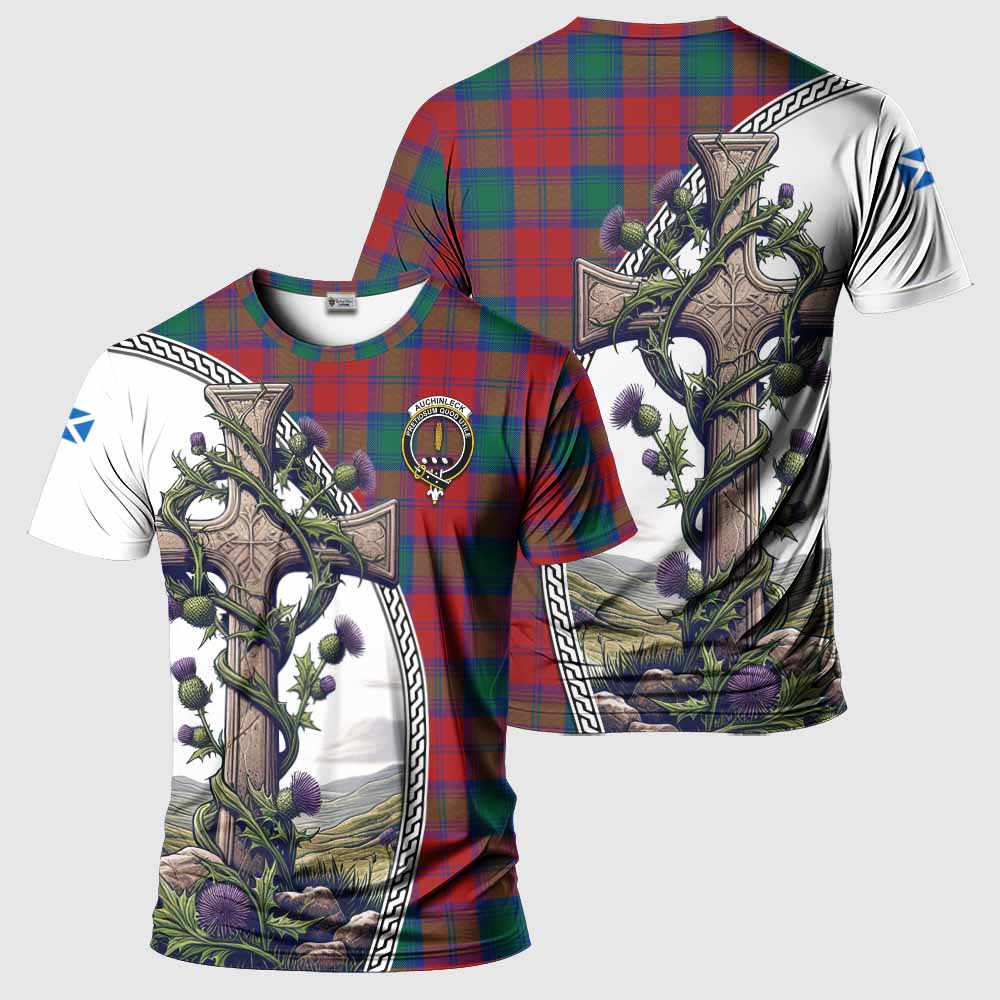 Tartan Vibes Clothing Auchinleck (Affleck) Agnew Tartan T-Shirt with Family Crest and St. Andrew's Cross Accented by Thistle Vines