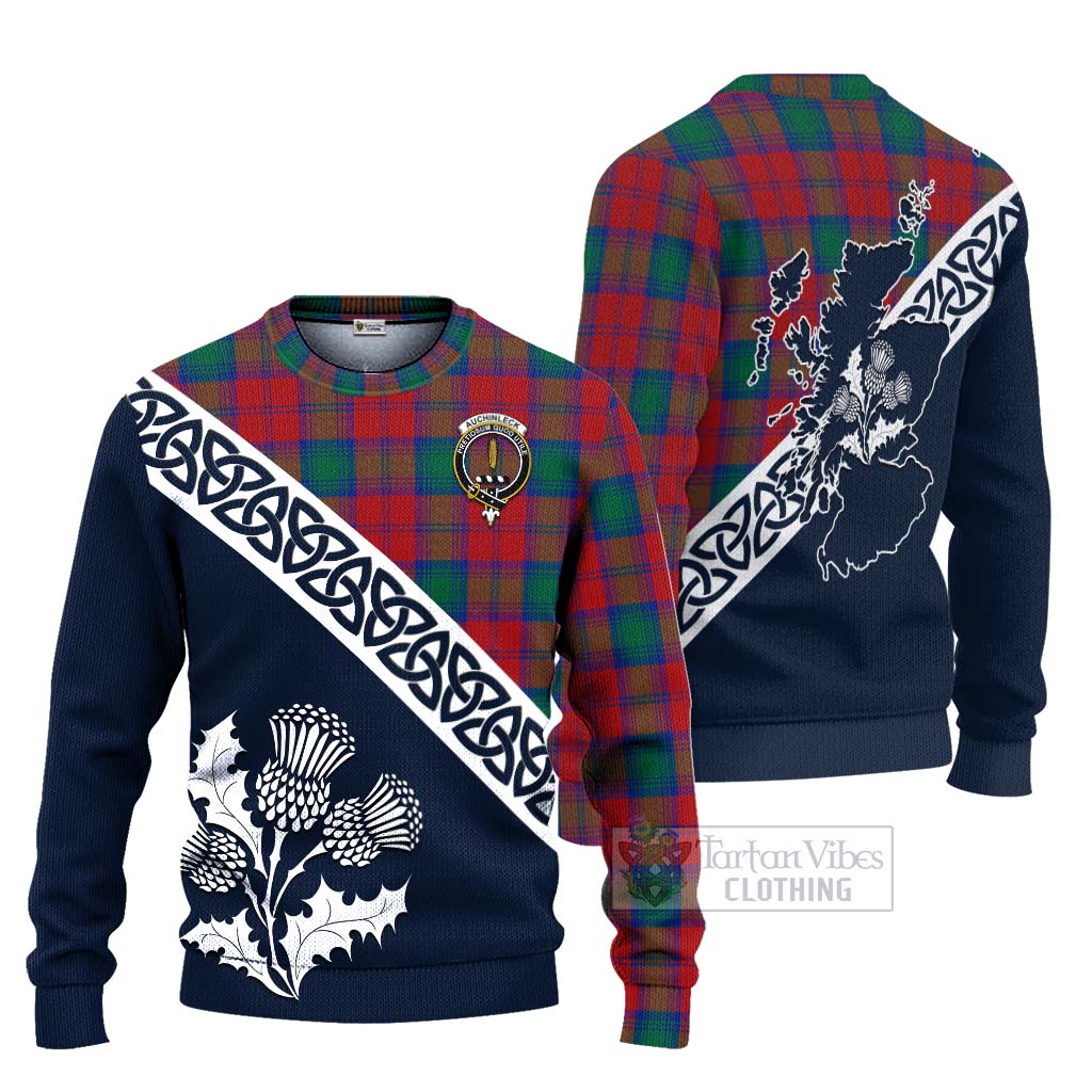 Tartan Vibes Clothing Auchinleck (Affleck) Tartan Knitted Sweater Featuring Thistle and Scotland Map