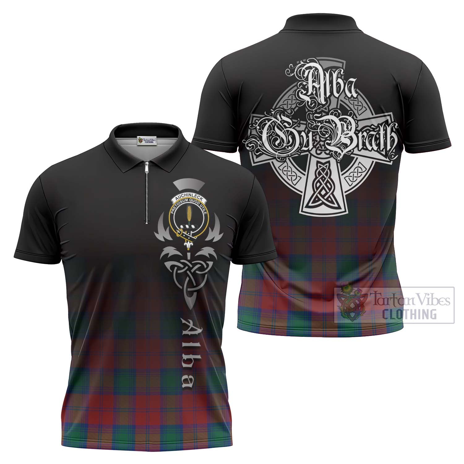 Tartan Vibes Clothing Auchinleck (Affleck) Tartan Zipper Polo Shirt Featuring Alba Gu Brath Family Crest Celtic Inspired