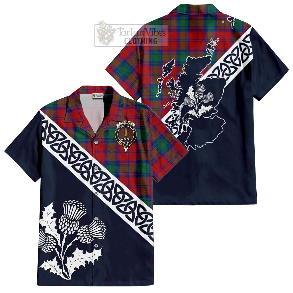 Tartan Vibes Clothing Auchinleck (Affleck) Tartan Short Sleeve Button Shirt Featuring Thistle and Scotland Map