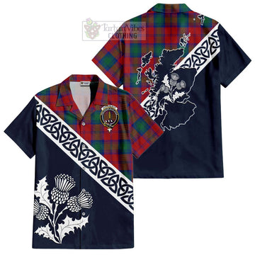 Auchinleck (Affleck) Tartan Short Sleeve Button Shirt Featuring Thistle and Scotland Map