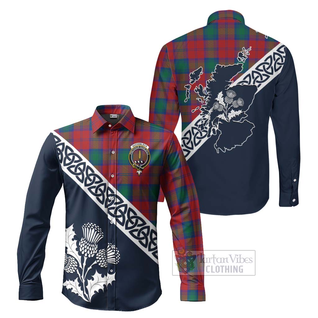 Tartan Vibes Clothing Auchinleck (Affleck) Tartan Long Sleeve Button Shirt Featuring Thistle and Scotland Map