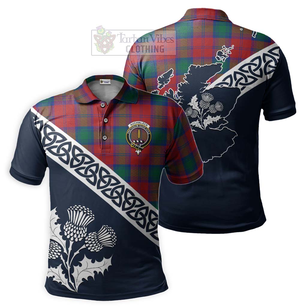 Auchinleck (Affleck) Tartan Polo Shirt Featuring Thistle and Scotland Map