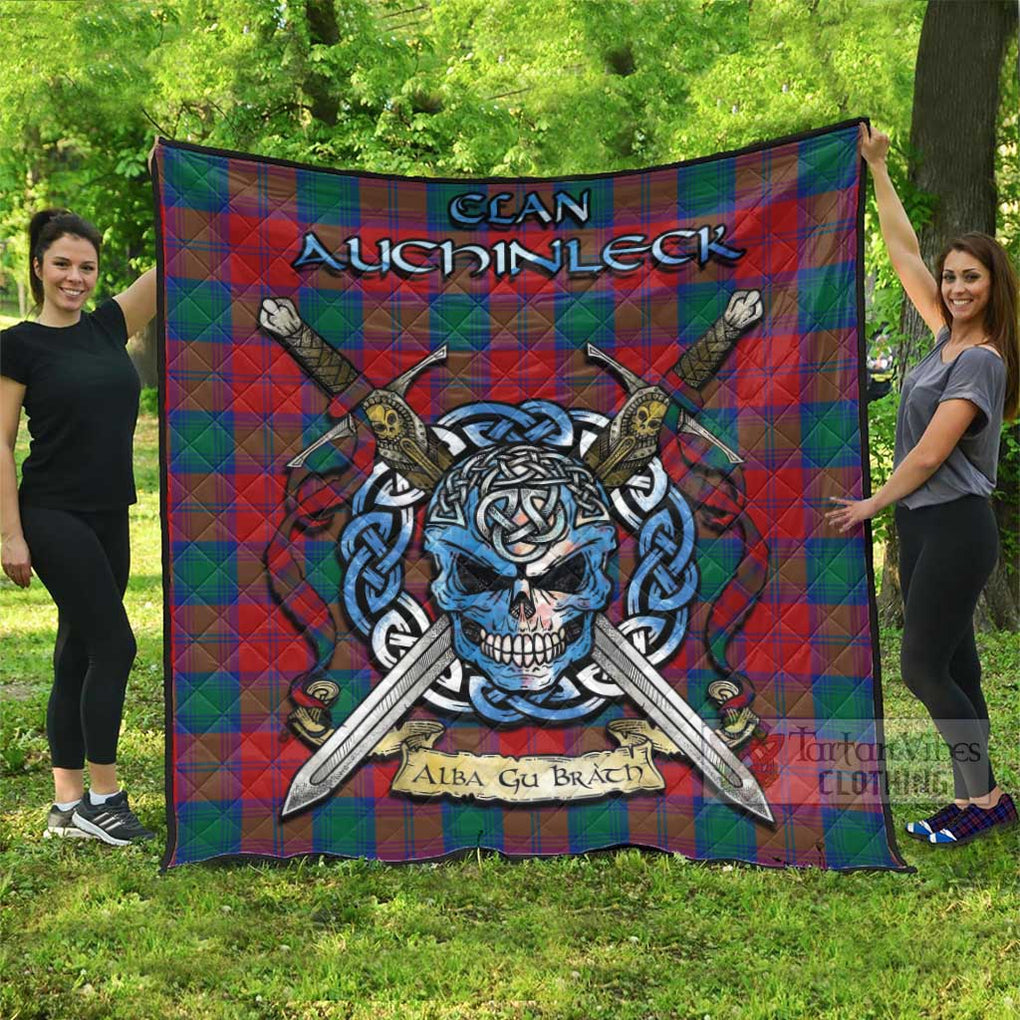 Auchinleck (Affleck) Tartan Quilt with Celtic Skull Alba Gu Brath Style Super King Quilt 91" x 110" - Tartan Vibes Clothing