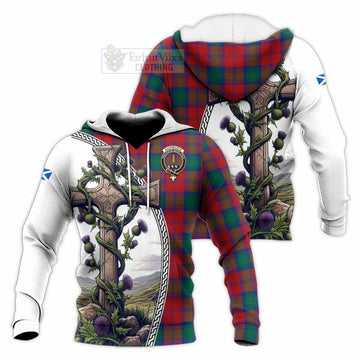 Auchinleck (Affleck) Tartan Knitted Hoodie with Family Crest and St. Andrew's Cross Accented by Thistle Vines