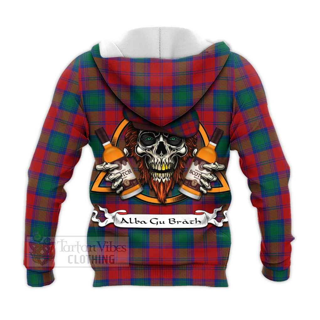 Tartan Vibes Clothing Auchinleck (Affleck) Tartan Knitted Hoodie with Family Crest and Bearded Skull Holding Bottles of Whiskey