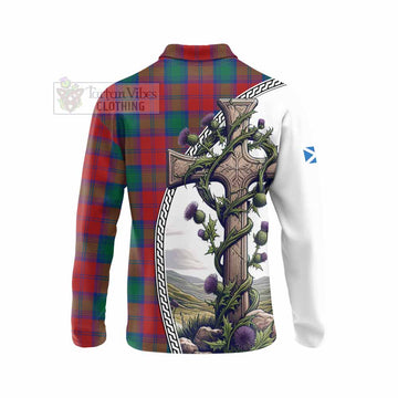 Auchinleck (Affleck) Tartan Long Sleeve Polo Shirt with Family Crest and St. Andrew's Cross Accented by Thistle Vines - Tartan Vibes Clothing