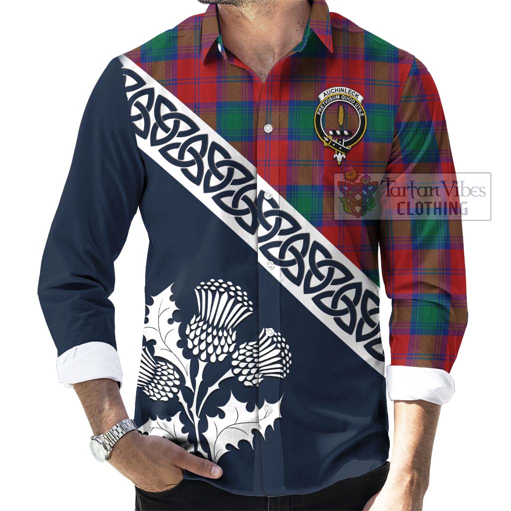 Tartan Vibes Clothing Auchinleck (Affleck) Tartan Long Sleeve Button Shirt Featuring Thistle and Scotland Map