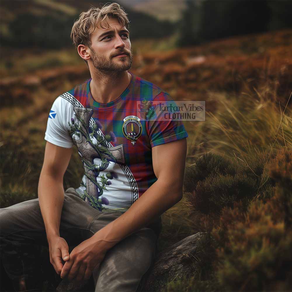 Tartan Vibes Clothing Auchinleck (Affleck) Agnew Tartan T-Shirt with Family Crest and St. Andrew's Cross Accented by Thistle Vines