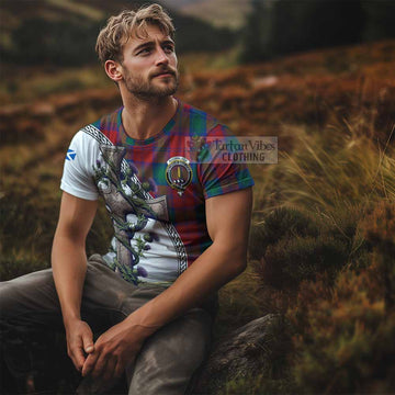 Auchinleck (Affleck) Tartan T-Shirt with Family Crest and St. Andrew's Cross Accented by Thistle Vines