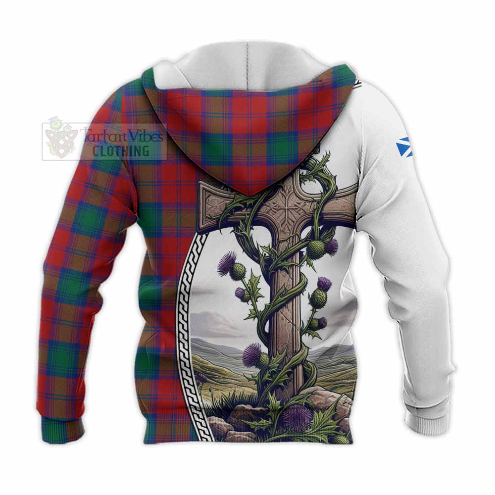 Tartan Vibes Clothing Auchinleck (Affleck) Tartan Knitted Hoodie with Family Crest and St. Andrew's Cross Accented by Thistle Vines