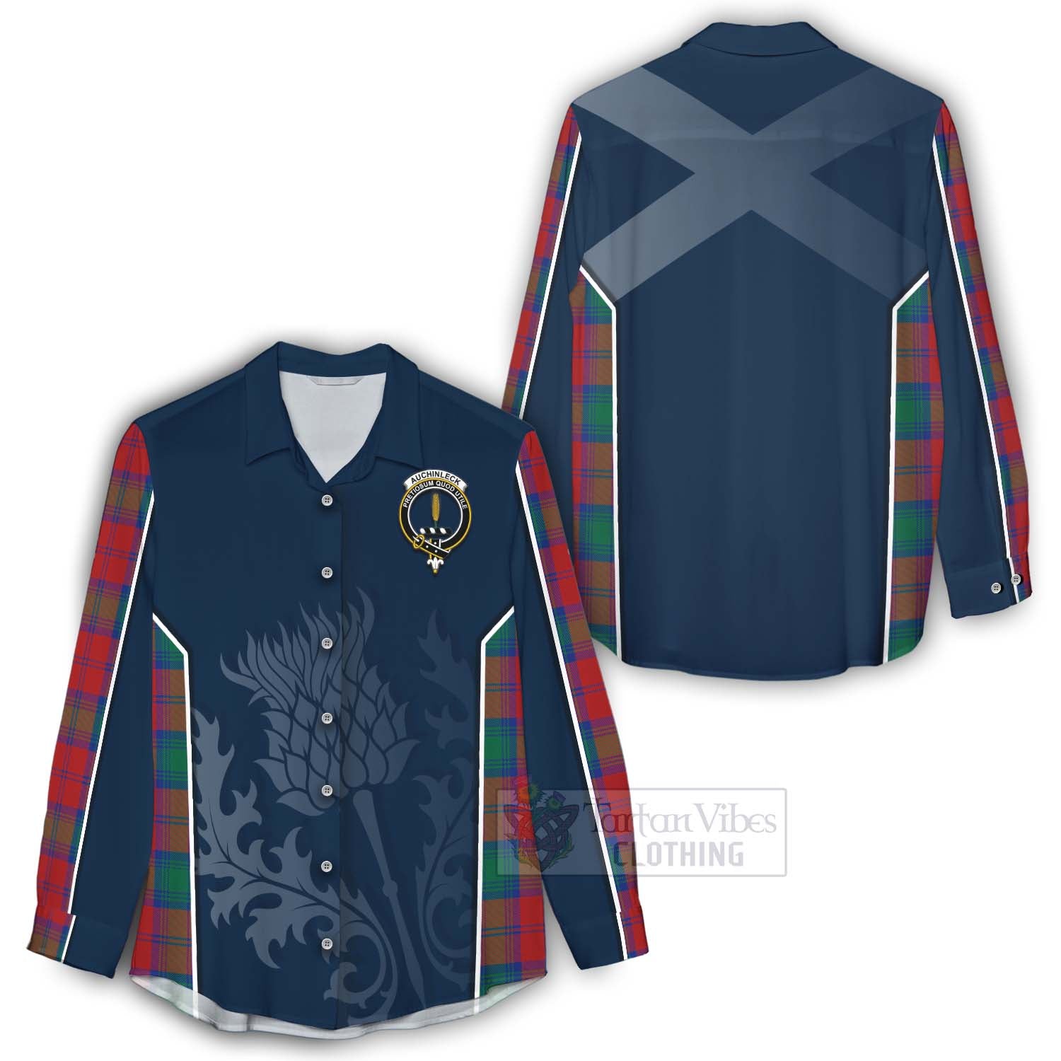 Tartan Vibes Clothing Auchinleck (Affleck) Tartan Women's Casual Shirt with Family Crest and Scottish Thistle Vibes Sport Style