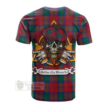 Auchinleck (Affleck) Tartan Cotton T-shirt with Family Crest and Bearded Skull Holding Bottles of Whiskey - Tartan Vibes Clothing