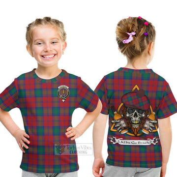 Auchinleck (Affleck) Tartan Kid T-Shirt with Family Crest and Bearded Skull Holding Bottles of Whiskey - Tartan Vibes Clothing