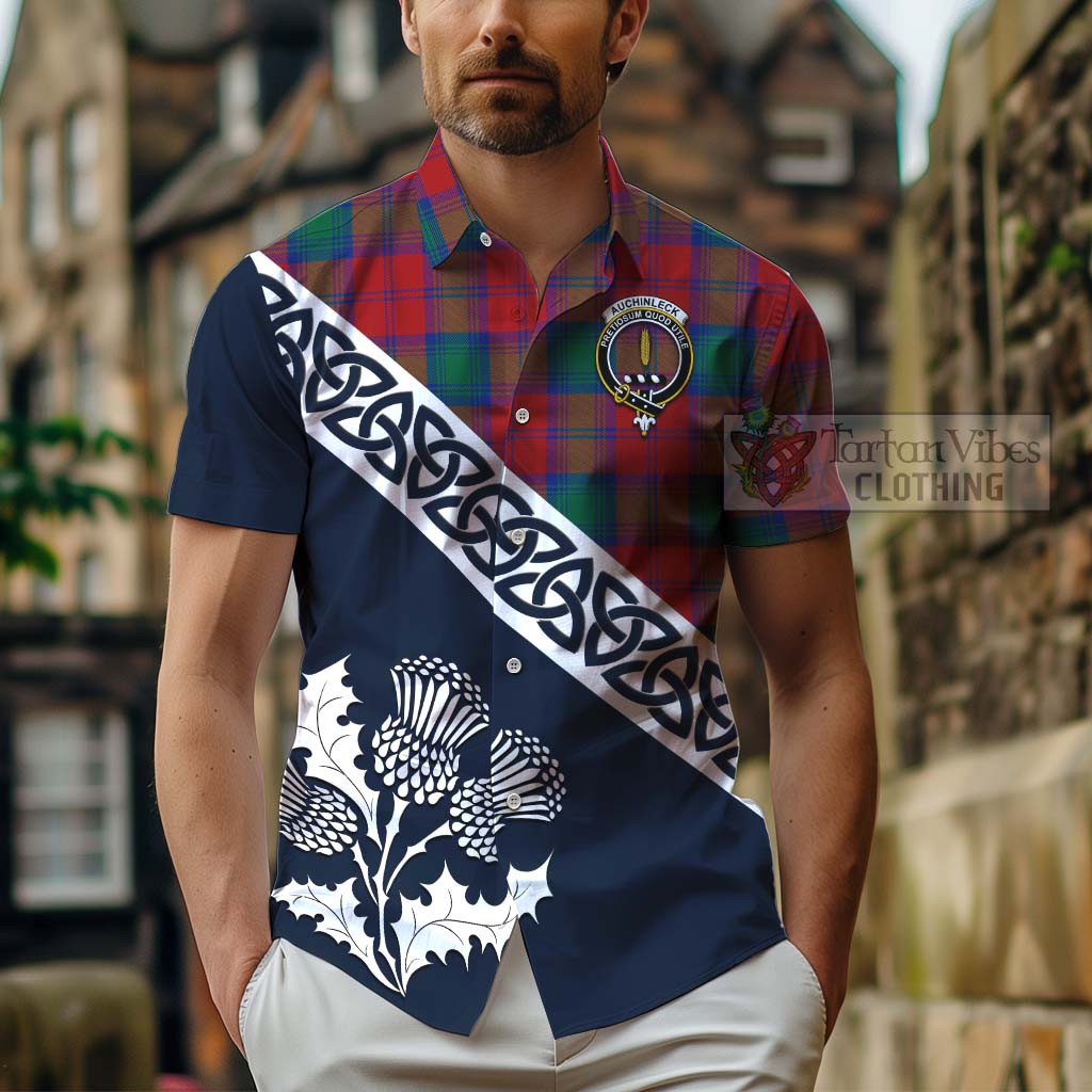 Tartan Vibes Clothing Auchinleck (Affleck) Tartan Short Sleeve Button Shirt Featuring Thistle and Scotland Map