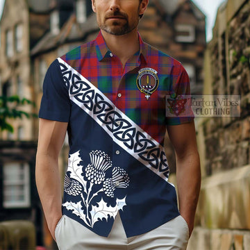 Auchinleck (Affleck) Tartan Short Sleeve Button Shirt Featuring Thistle and Scotland Map