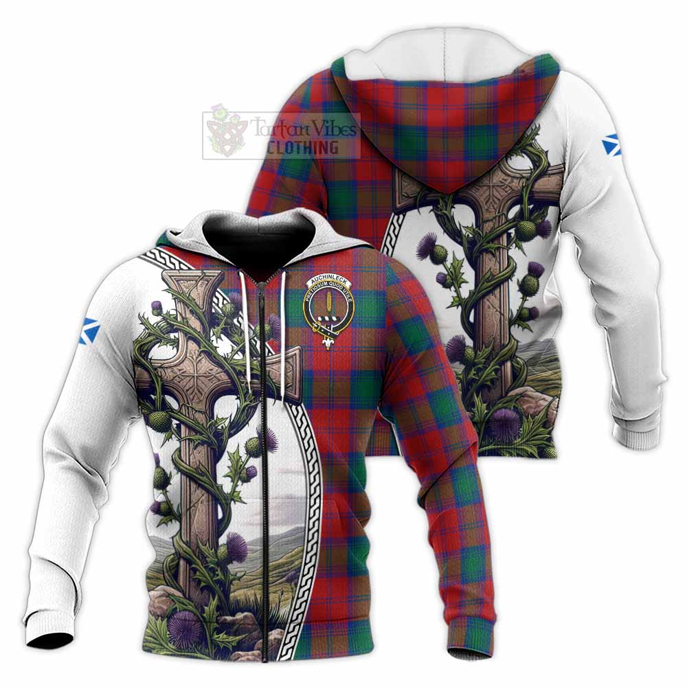 Tartan Vibes Clothing Auchinleck (Affleck) Tartan Knitted Hoodie with Family Crest and St. Andrew's Cross Accented by Thistle Vines