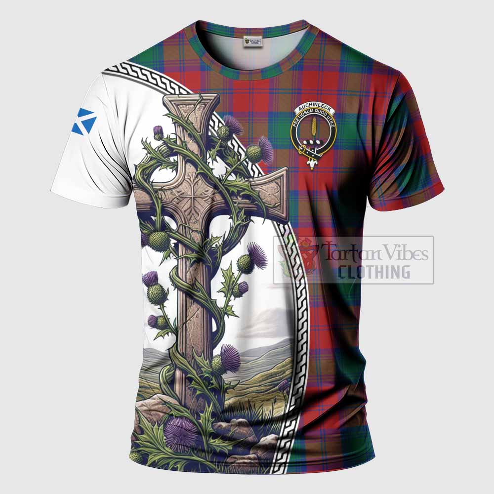 Tartan Vibes Clothing Auchinleck (Affleck) Agnew Tartan T-Shirt with Family Crest and St. Andrew's Cross Accented by Thistle Vines