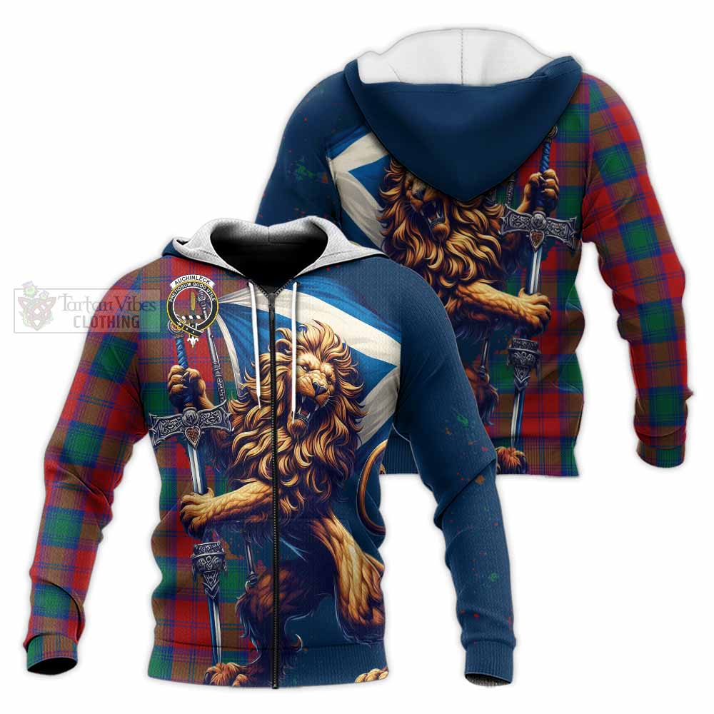 Tartan Vibes Clothing Auchinleck (Affleck) Tartan Family Crest Knitted Hoodie with Scottish Majestic Lion