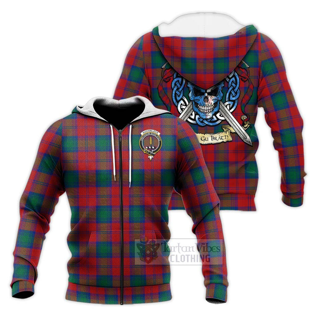 Tartan Vibes Clothing Auchinleck (Affleck) Tartan Knitted Hoodie with Family Crest Celtic Skull Style