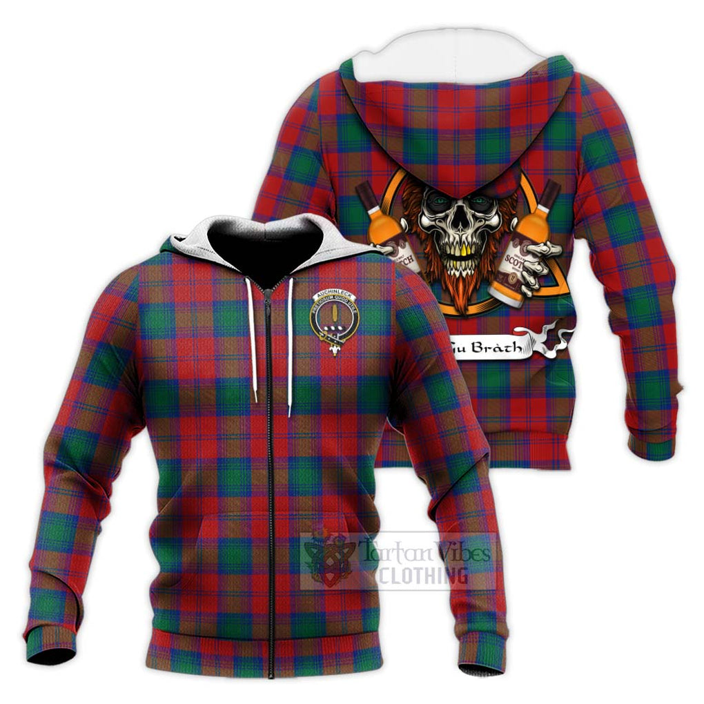 Tartan Vibes Clothing Auchinleck (Affleck) Tartan Knitted Hoodie with Family Crest and Bearded Skull Holding Bottles of Whiskey