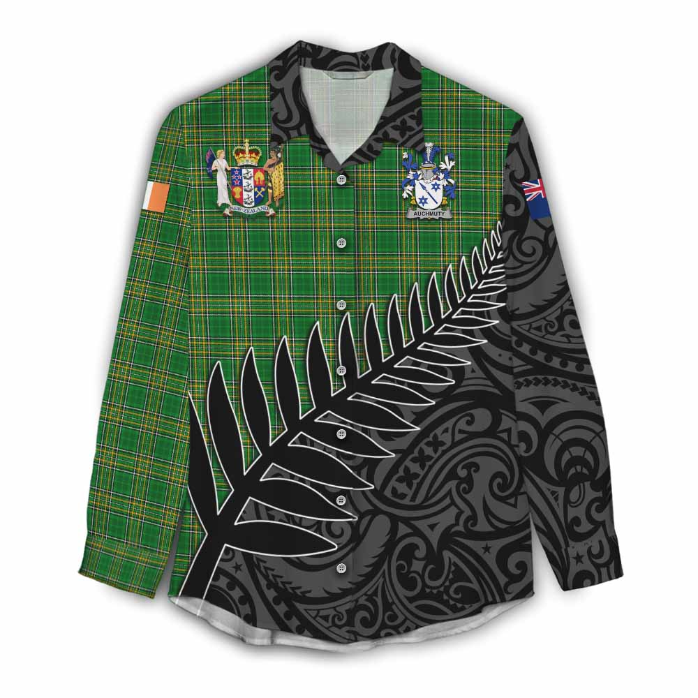 Tartan Vibes Clothing Auchmuty Irish Clan Tartan Women's Casual Shirt with Coat of Arms New Zealand Silver Fern Half Style