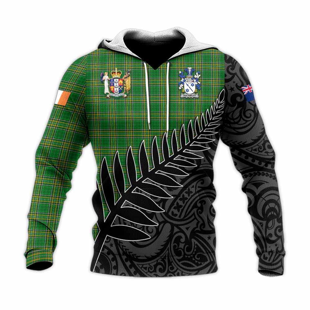 Tartan Vibes Clothing Auchmuty Irish Clan Tartan Knitted Hoodie with Coat of Arms New Zealand Silver Fern Half Style