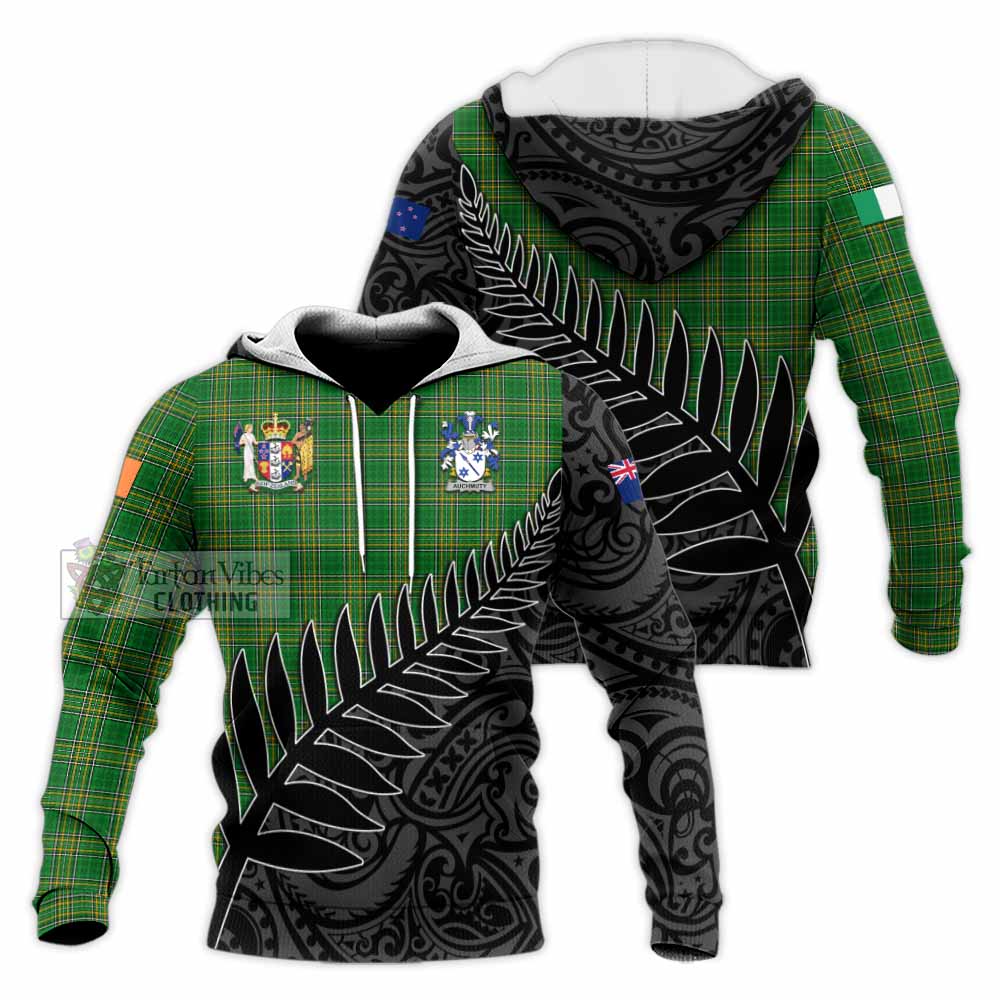 Tartan Vibes Clothing Auchmuty Irish Clan Tartan Knitted Hoodie with Coat of Arms New Zealand Silver Fern Half Style