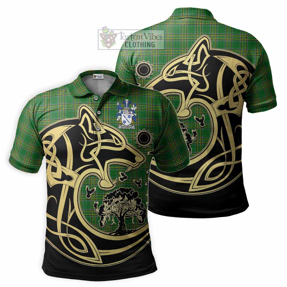 Auchmuty Irish Tartan Polo Shirt with Coat of Arms Celtic Wolf Style - Tartan Vibes Clothing