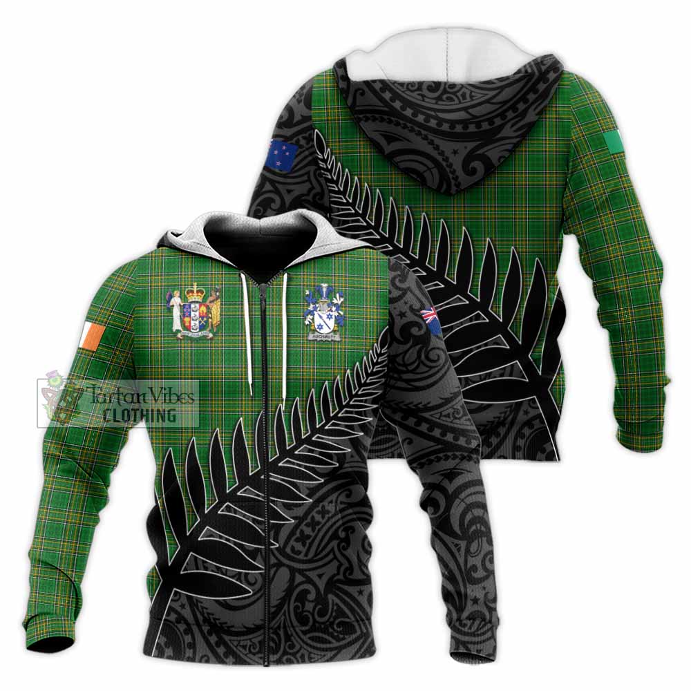 Tartan Vibes Clothing Auchmuty Irish Clan Tartan Knitted Hoodie with Coat of Arms New Zealand Silver Fern Half Style