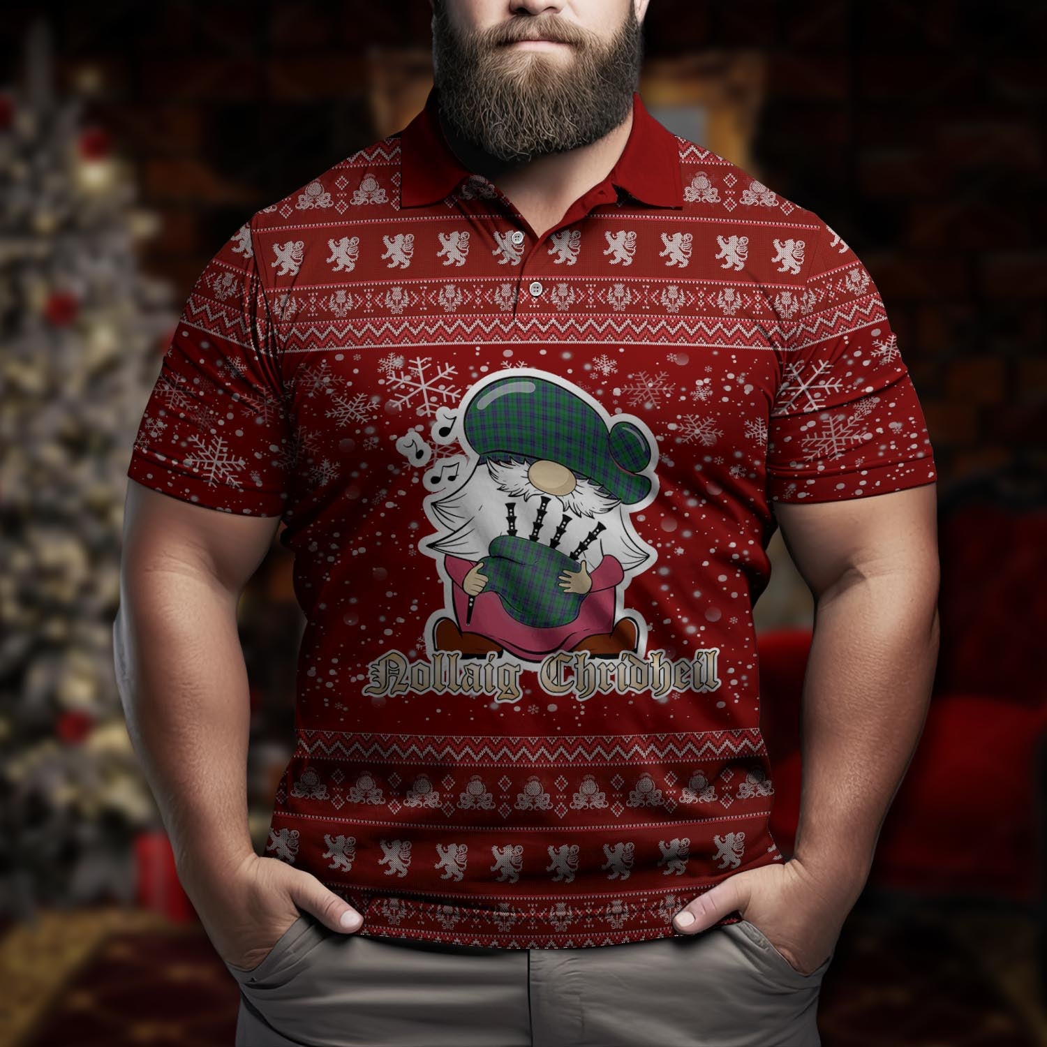 Austin Clan Christmas Family Polo Shirt with Funny Gnome Playing Bagpipes Men's Polo Shirt Red - Tartanvibesclothing