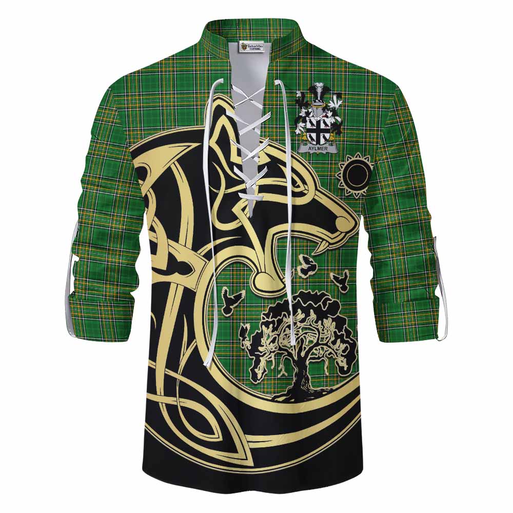 Tartan Vibes Clothing Aylmer Irish Tartan Ghillie Kilt Shirt with Coat of Arms Celtic Wolf Style