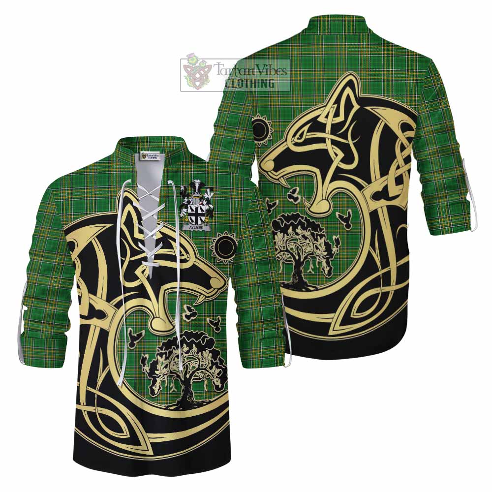 Tartan Vibes Clothing Aylmer Irish Tartan Ghillie Kilt Shirt with Coat of Arms Celtic Wolf Style