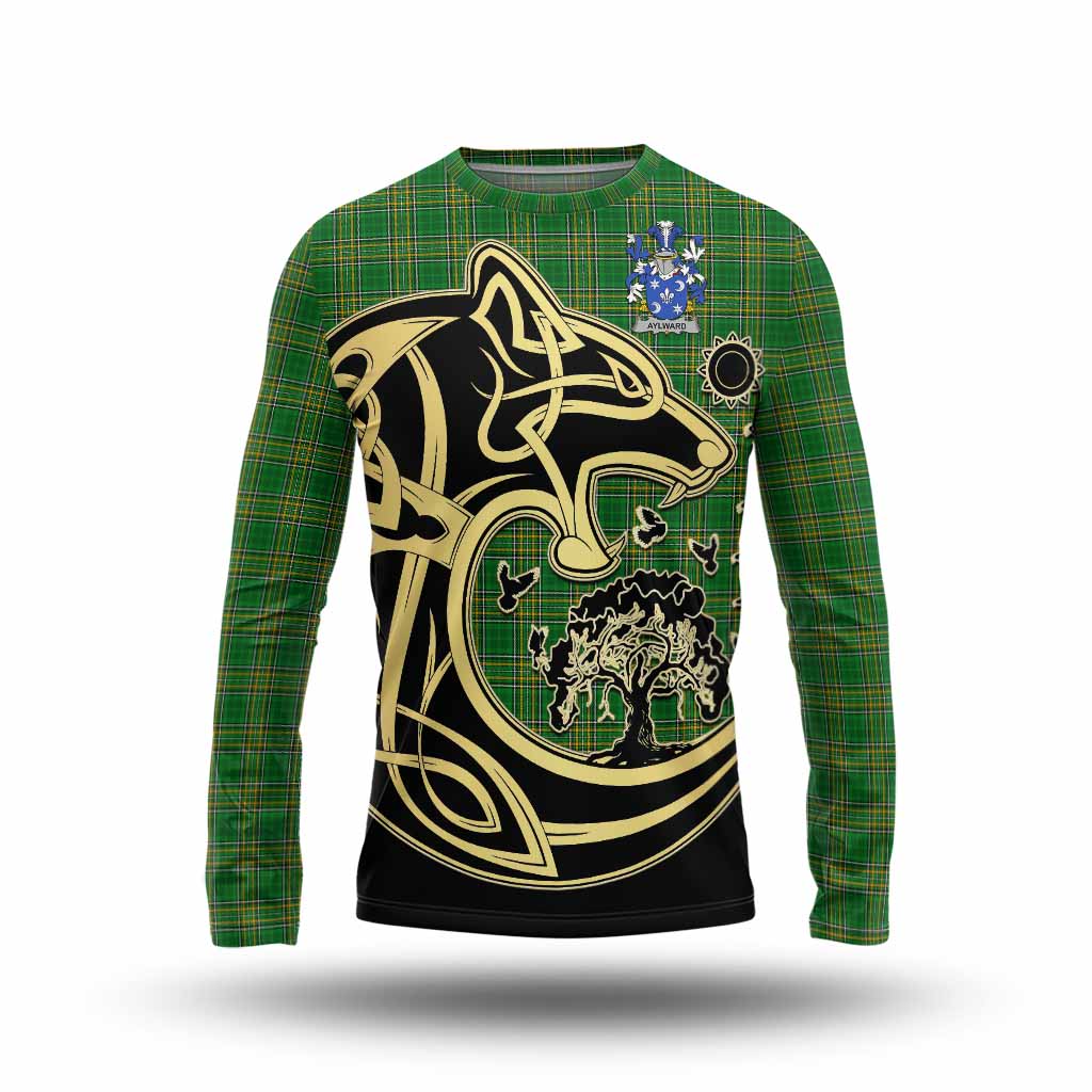 Tartan Vibes Clothing Aylward Irish Tartan Long Sleeve T-Shirt with Coat of Arms Celtic Wolf Style