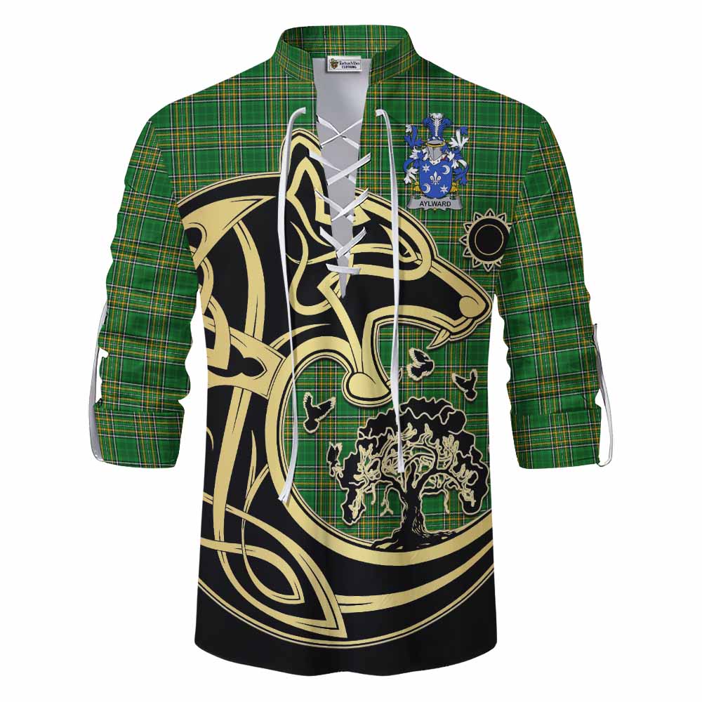 Tartan Vibes Clothing Aylward Irish Tartan Ghillie Kilt Shirt with Coat of Arms Celtic Wolf Style