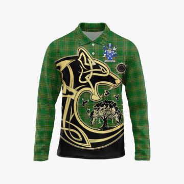 Aylward Irish Tartan Long Sleeve Polo Shirt with Coat of Arms Celtic Wolf Style