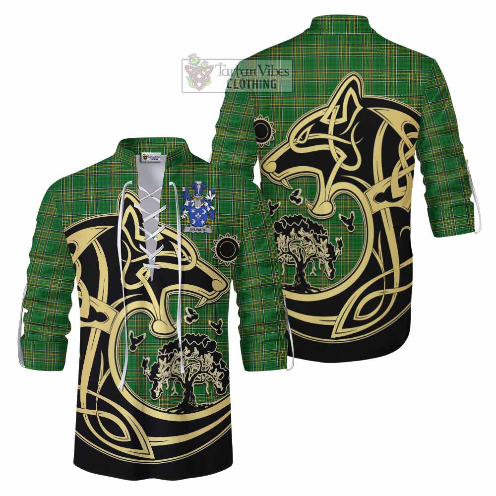 Tartan Vibes Clothing Aylward Irish Tartan Ghillie Kilt Shirt with Coat of Arms Celtic Wolf Style