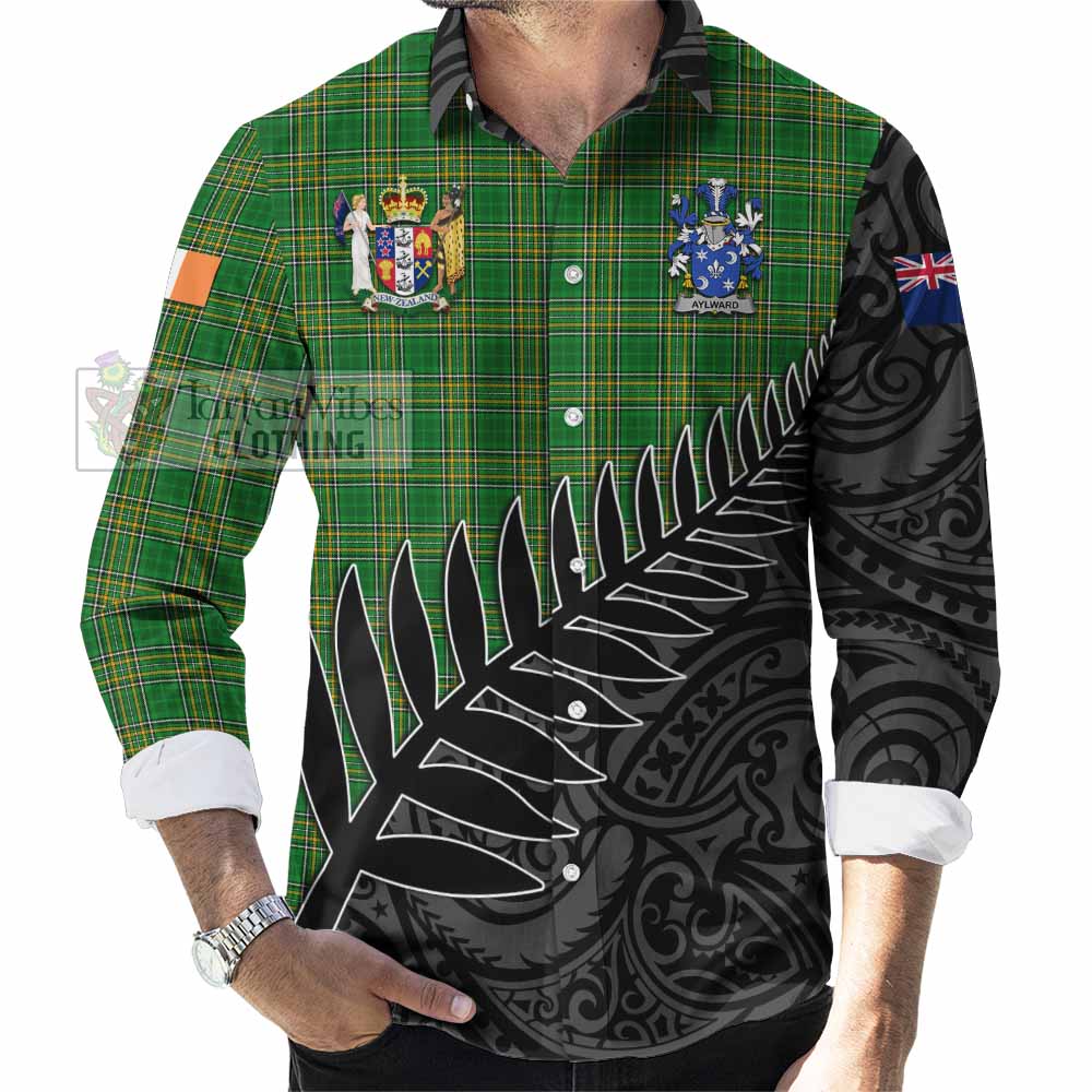 Tartan Vibes Clothing Aylward Irish Clan Tartan Long Sleeve Button Shirt with Coat of Arms New Zealand Silver Fern Half Style