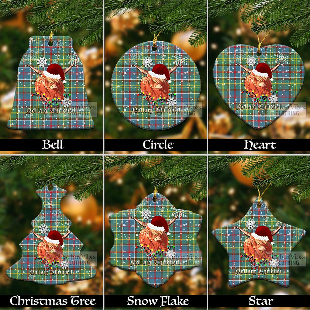 Tartan Vibes Clothing Ayrshire District Clan Tartan Ornament with Christmas Twinkle Highland Cattle