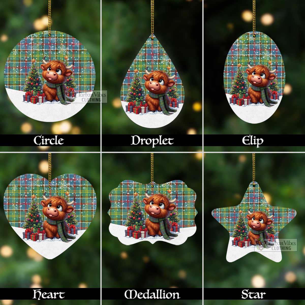 Tartan Vibes Clothing Ayrshire District Tartan Christmas Aluminium Ornament with Adorable Highland Coo