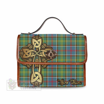 Ayrshire District Tartan Waterproof Canvas Bag Golden Thistle Celtic Cross Style Brown Leather Strap One Size 10.5*20*27cm - Tartan Vibes Clothing