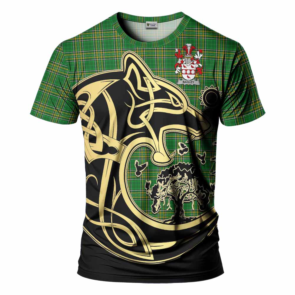 Tartan Vibes Clothing Bagley Irish Tartan T-Shirt with Coat of Arms Celtic Wolf Style