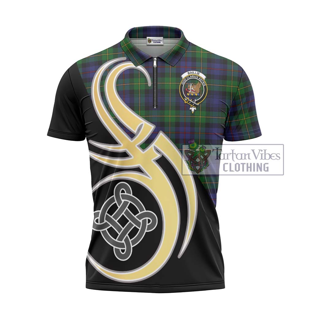 Tartan Vibes Clothing Baillie Tartan Zipper Polo Shirt with Family Crest and Celtic Symbol Style