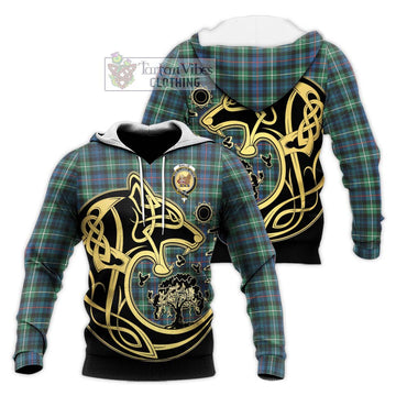 Baillie Ancient Tartan Knitted Hoodie with Family Crest Celtic Wolf Style